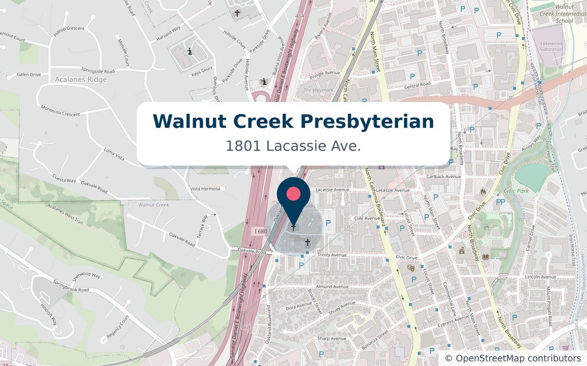 Map of downtown Walnut Creek with a pin on Walnut Creek Presbyterian Church, 1801 Lacassie Ave., beside I-680